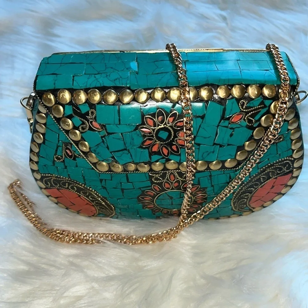 🆕 RAMLA Handmade Moroccan Turquoise Tile Mosaic Clutch Crossbody Bag Gold Chain
